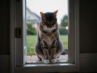 Cat sitting precisely in the middle of a cat door, deciding, half in half out, s