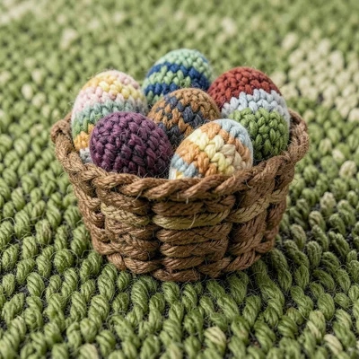 A basket of Easter eggs rendered in tufted carpet — each egg a tight oval of dif