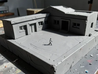 Slab-and-pier government complex carved from a single grey clay block, courtyard