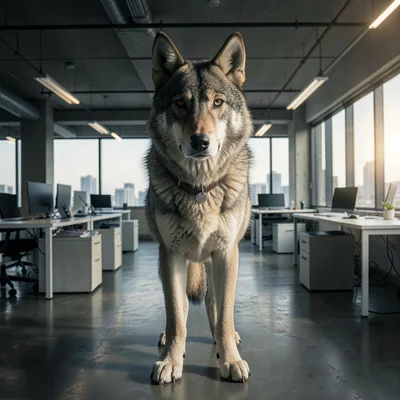 Powerful lone wolf standing nobly in an empty open-plan office space