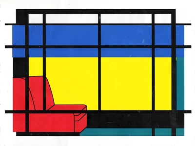 Train window view — red seat, blue sky band, yellow field, black window frame