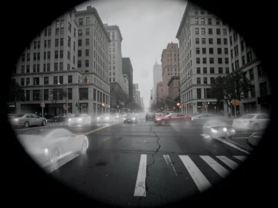 City intersection during 8-hour pinhole exposure, all cars become ghosts, only b