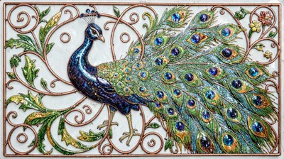 Cloisonné enamel illustration, peacock displaying , copper wire outlines, glass 