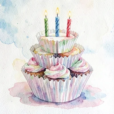 A pop-up paper birthday cupcake tower with torn-paper liners and crayon candles 