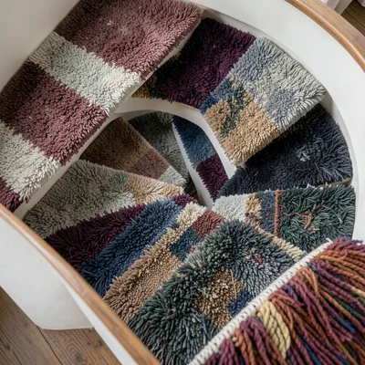 A spiral staircase viewed from above, each step a different carpet sample