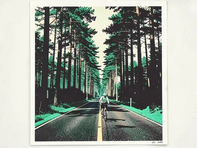 A lone cyclist on an empty road through tall pine forest