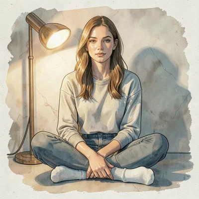 Sigrid-lampline editorial portrait of a model seated cross-legged showing heathe