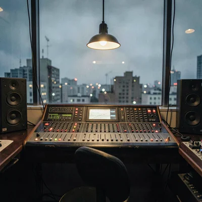 Atmospheric photo of a mixing room with a vintage console, faders glowing under