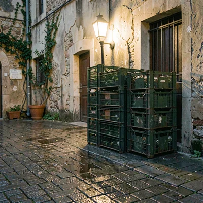 A weathered courtyard with a stack of empty olive crates, cobbles still wet, sod