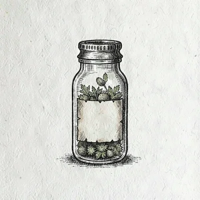 Resource card illustration of a small ink-drawn moss-spore vial with cross-hatch