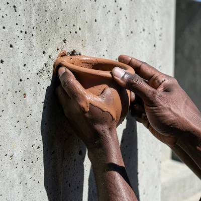 Close-up of fingers pulling up the wall of a clay vessel, slip coating knuckles