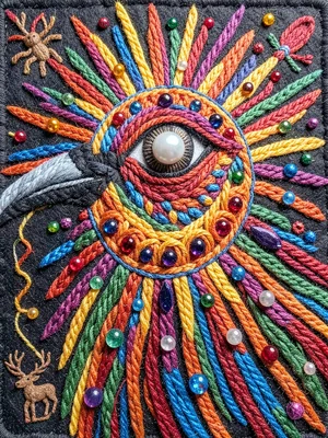 Flame hummingbird close-up — eye as seed pearl, throat as sunburst yarn spiral