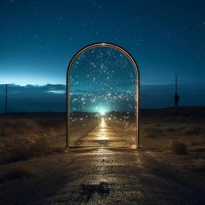 Photo At night a mirror placed on an empty road refle