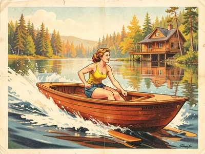 A woman water-skiing behind a wooden speedboat, her form perfect, spray arcing, 