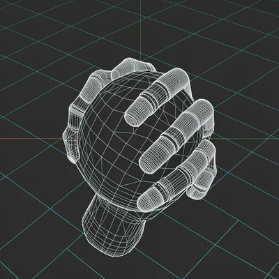 A robotic hand gripping a sphere, each mechanical finger joint detailed as a den