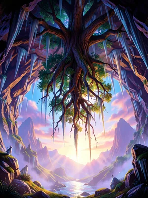 Tree growing upside down from ceiling of cave, roots reaching toward stalactites