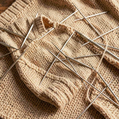 Warm overhead of needles laid across a half-finished sweater on a knit blanket