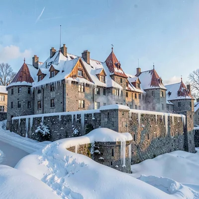 Quebec winter heritage, walled city under snow, Icicles hanging from copper eave