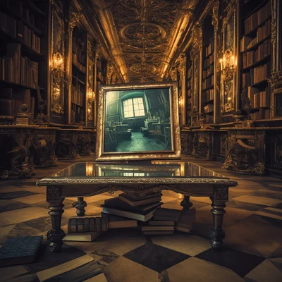 Photo In an old library a mirror reflects a digital s