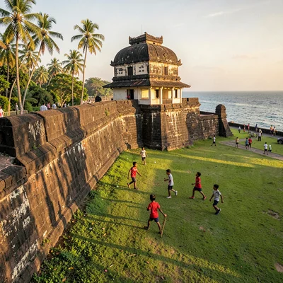 Galle fort golden hour, Dutch colonial tropical, Children playing cricket on for