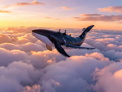 Flying whale above cloud layer, tiny passengers visible on its back, sunset