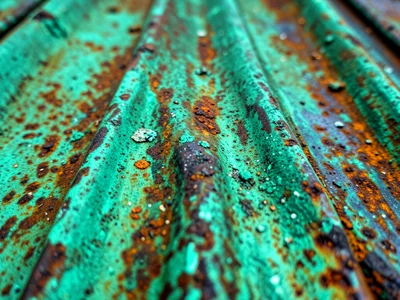 Copper roof patina, full verdigris green with streaks where rain channels, aged 
