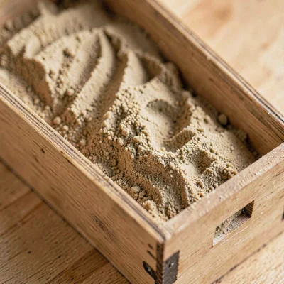 Surface macro of a sand-filled box prop with rake marks