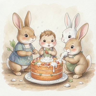 A family of rabbits decorating a carrot-shaped cake together, flour everywhere, 