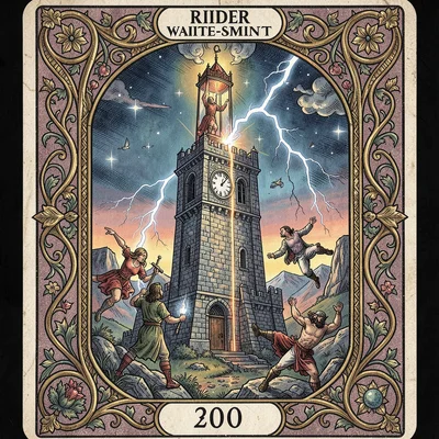 Tarot card illustration, The Tower struck by lightning, figures falling , symbol