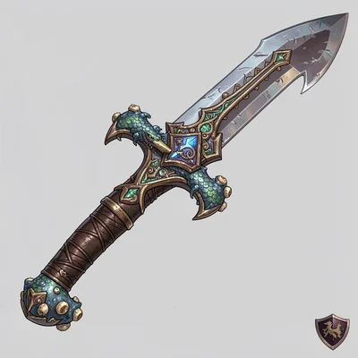 Fantasy weapon illustration, a pirate's cutlass with sea serpent guard, barnacle