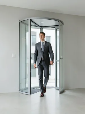 Young professional in a tailored suit walking through a revolving glass door
