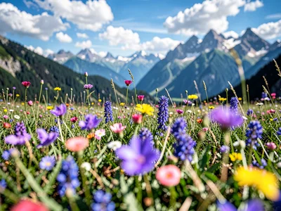 Alpine meadow flowers to distant peaks all sharp