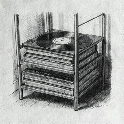 Charcoal study of stacked LPs cooling on a rack, archival paper grain