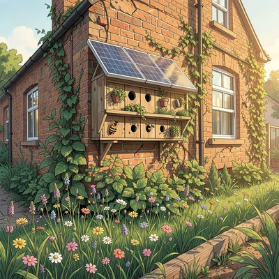 Bee hotel wall mounted on a reclaimed brick building, wildflowers below in a ver