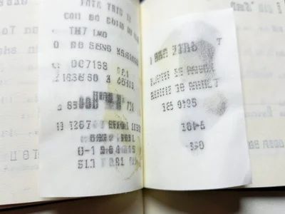 Thermal receipt pressed between book pages for years, text transferred ghostly o