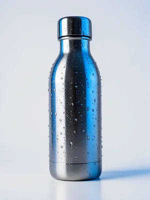 A stainless steel water bottle with condensation droplets, studio-lit with a blu