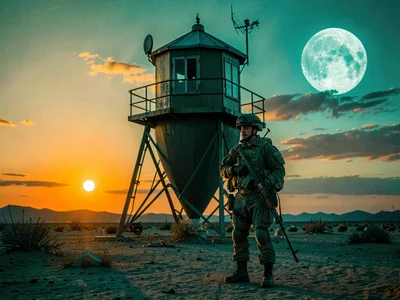 Soldier at desert outpost sunset, guard tower, flare orange in sky, moonrise tea