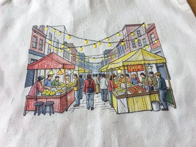 A night market scene with dozens of food stalls, string lights in yellow seed st