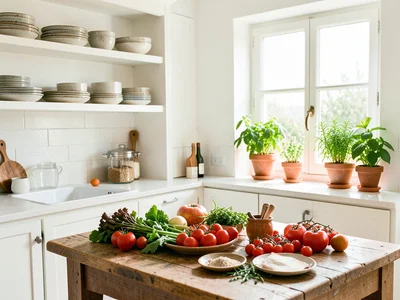 Bright white kitchen with open shelving displaying ceramic dishes, herbs in pots