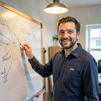 Available-light portrait of a kind-faced organizer at a whiteboard sketching net