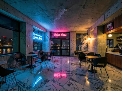 Yugoslav hotel lobby at night