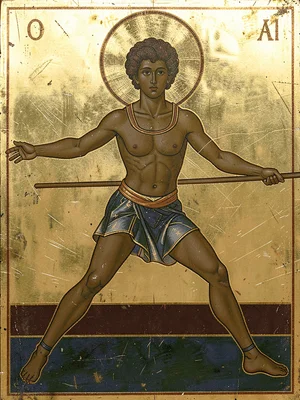 Athlete in discus-throw stance, garment in gold-outlined flat planes