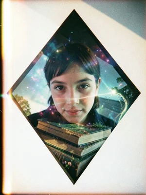 Double exposure of student's face with stacked books, geometric overlay