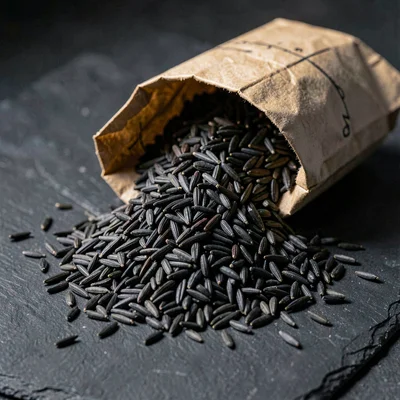 A heap of black forbidden rice spilling from a paper bag onto matte slate, low-k