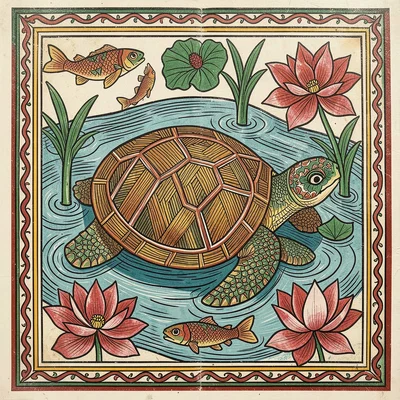 A turtle moving through water lilies — shell pattern filled with geometric hatch