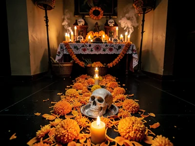 Marigold petal path leading to altar overhead