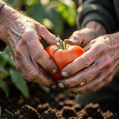 An old farmer's hands examining a ripe tomato from the garden, soil under the na