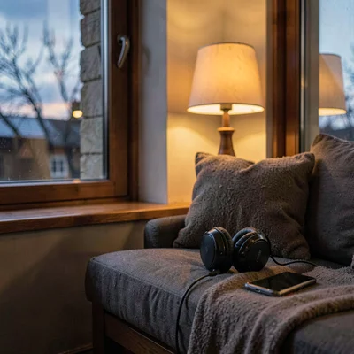Cozy atmospheric photo of a window seat at dusk with phone and headphones on a c