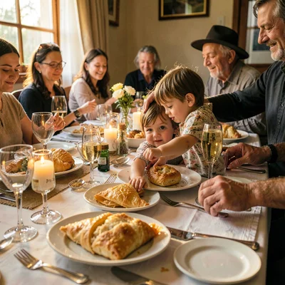 Mid-feast table scene, abundant hospitality, Child reaching across table for a p