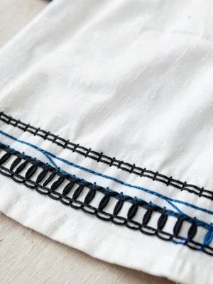 Ainu coat detail — white cotton body with dense black chain stitch border at hem